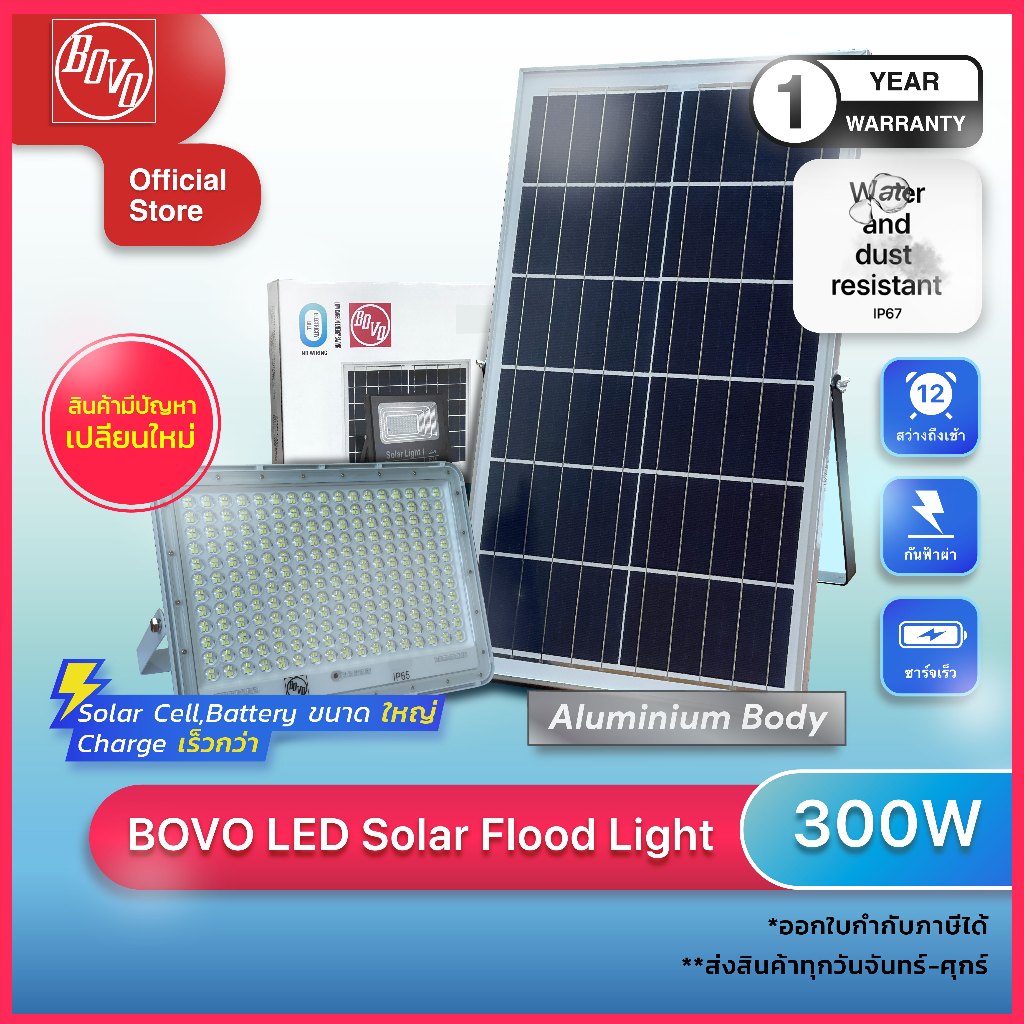 ใหม่! 2024 BOVO Solar Flood Light Solar Cell ไฟสปอร์ตไลท์โคมอลูมิเนียมแสงขาว โซล่าเซลล์ กันน้ำกันฝุ่น 300W
