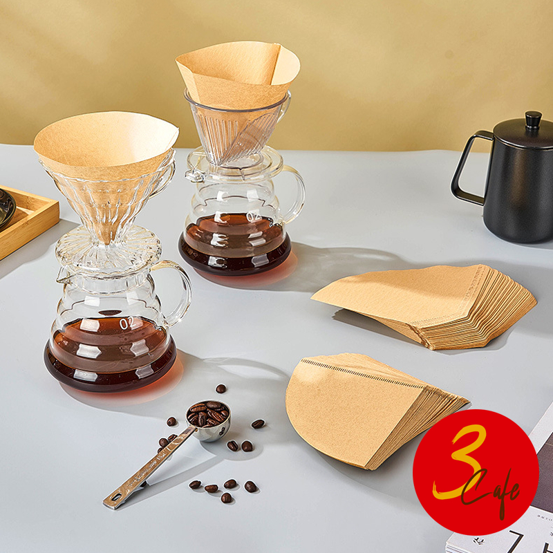 3cafe กระดาษกรองกาแฟดริป(100 แผ่น) ทรง V/U แบบหนา Drip Coffee Paper Filter V/U Shape