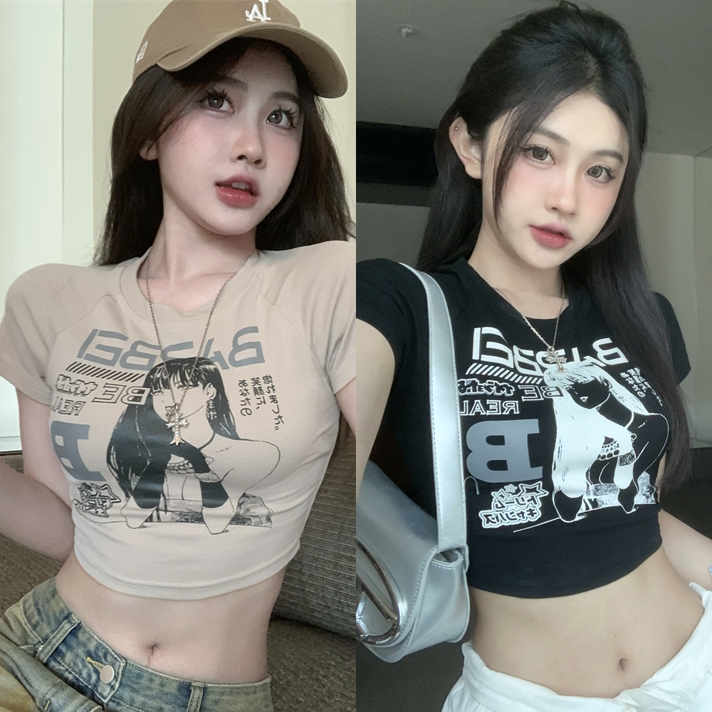 Bery🚚เสื้อยืด💗เสื้อสั้นเอวผู้หญิงร้อนสีดำแขนสั้นพิมพ์ลาย