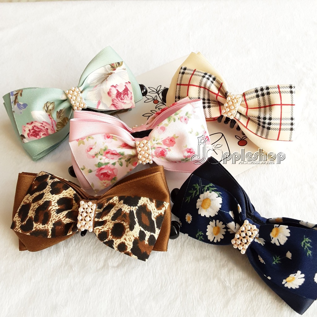 [B003] กิ๊บหนีบผมทรงกล้วย โบว์ผ้าลายดอกไม้ กิ๊บหนีบขนาด 10 cm. กิ๊บหนีบผมทรงหางม้า