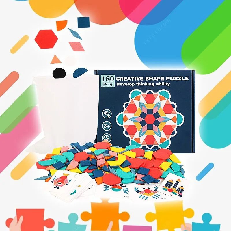 🏅Kids learning🏅Creative Shape Puzzle 180 pcs แทนแกรมไม้ แทนแกรมรูปทรง 180 ชิ้น ของเล่นไม้