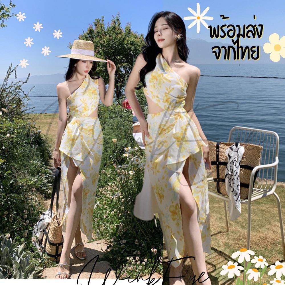 (Dress5-201)พร้อมส่งจากไทย One Shoulder Yellow เดรสไหล่เฉียง เว้าเอว กระโปรงแหวกข้าง เซ็กซี่เกินทุกคน ชุดออกงาน เที่ยว