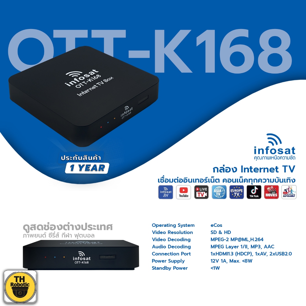 กล่องรับสัญญานทีวีดาวเทียม Infosat รุ่น OTT-K168 รองรับระบบทีวีอินเทอร์เน็ต ดูไลฟ์สด ได้ทั่วโลก by.throbotic