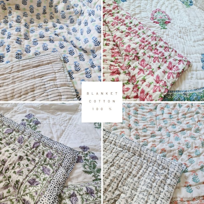 ผ้าห่ม Handmade Cotton 100% ผ้าพิมพ์บล็อคไม้อินเดีย มีลาย2ด้าน ผ้าห่มอินเดีย