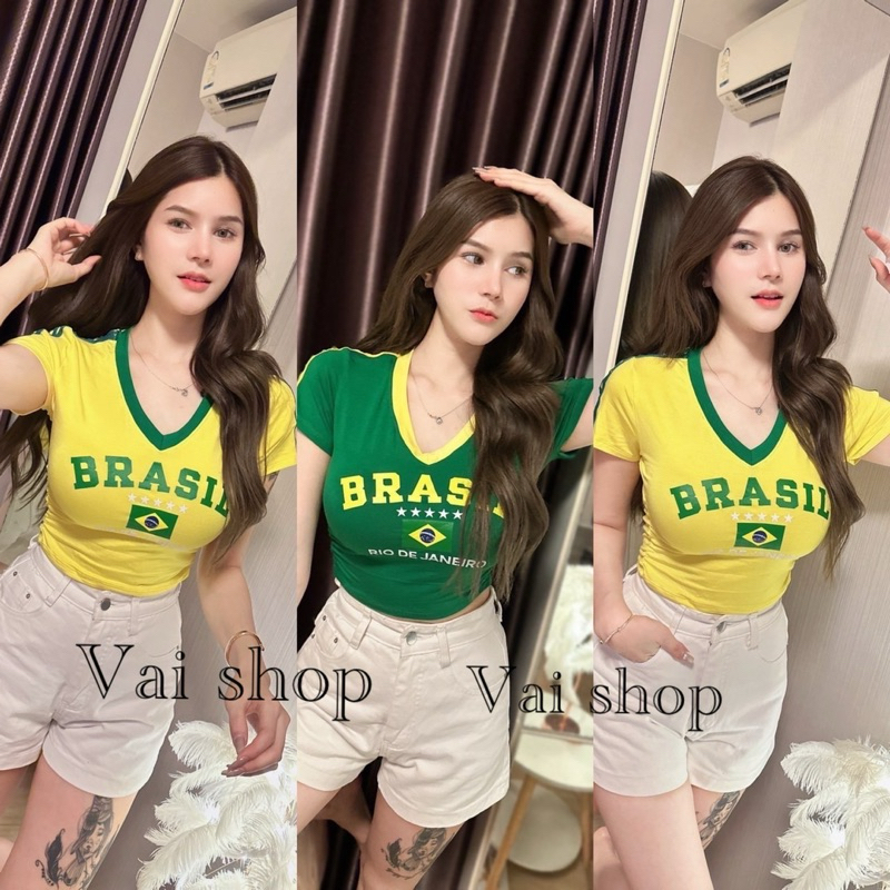 เสื้อครอปสั้นคอวีแถบแขนBRASIL