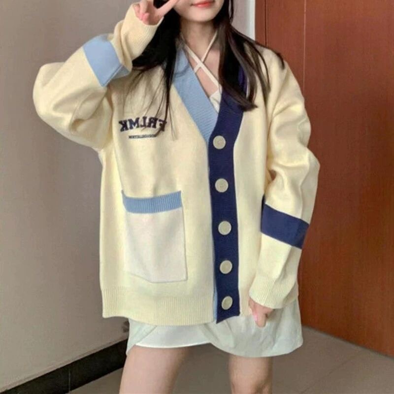 เสื้อคลุมคาร์ดิแกน คอวี มีกระเป๋า แบบกระดุม สไตล์ญี่ปุ่น น่ารัก