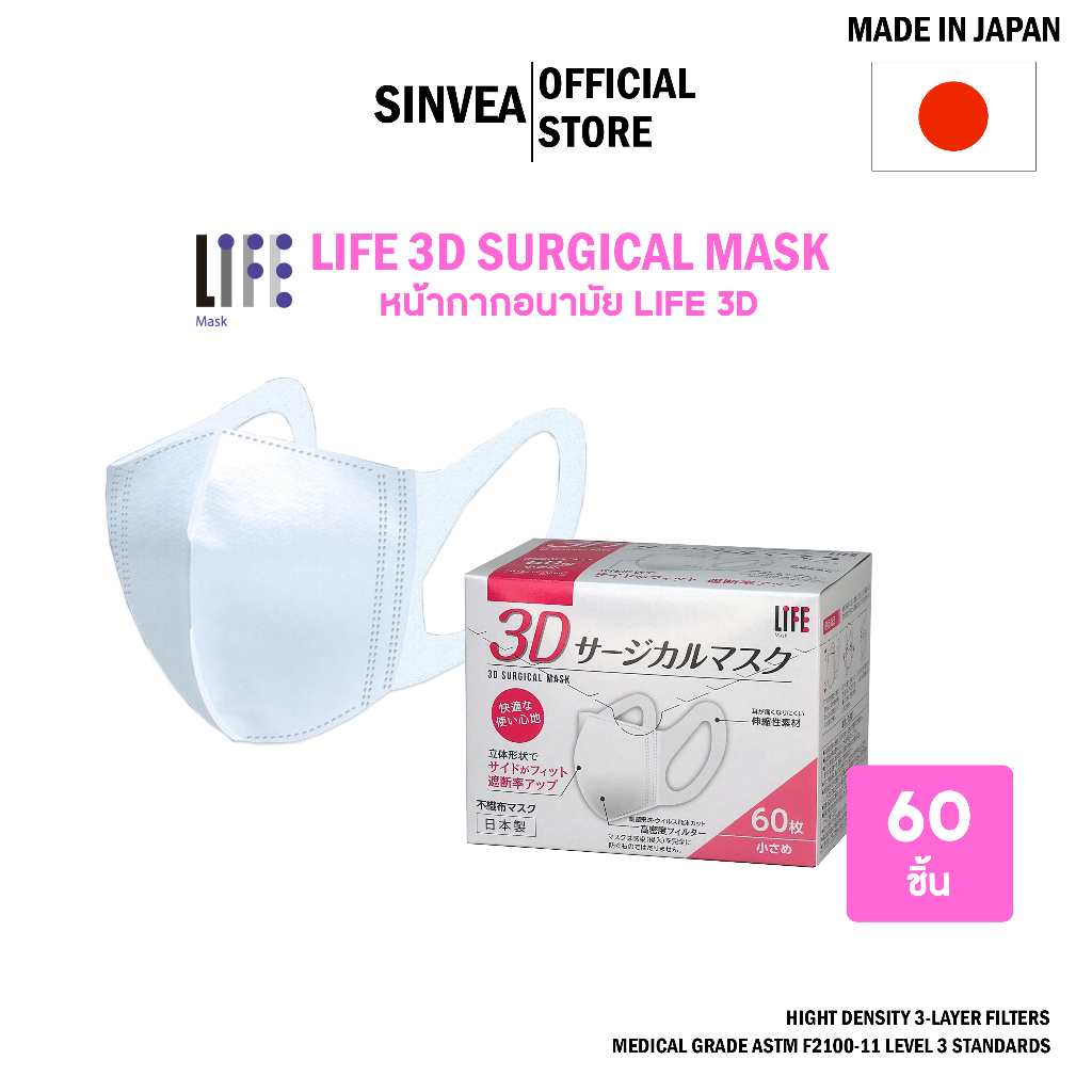 Life 3D SURGICAL MASK หน้ากากอนามัยผู้หญิงและเด็ก แบบกล่องบรรจุ 60ชิ้น (MADE IN JAPAN)