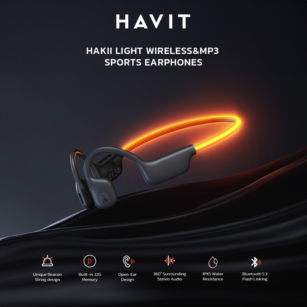 HAVIT OpenRun Pro HAKII LIGHT หูฟังไร้สาย แบบคล้องคอ สายมีไฟ LED สีส้ม มาพร้อมความจุ32GB