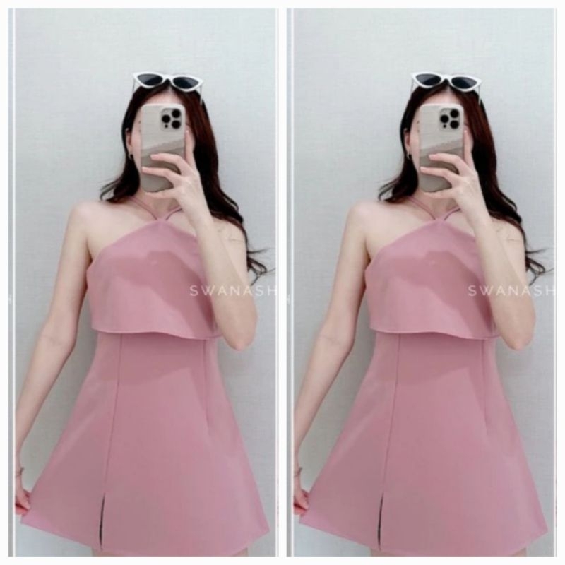 เดรสคล้องคอซิปหลังสีชมพูกุหลาบ Tag: SWANNA ไซส์S