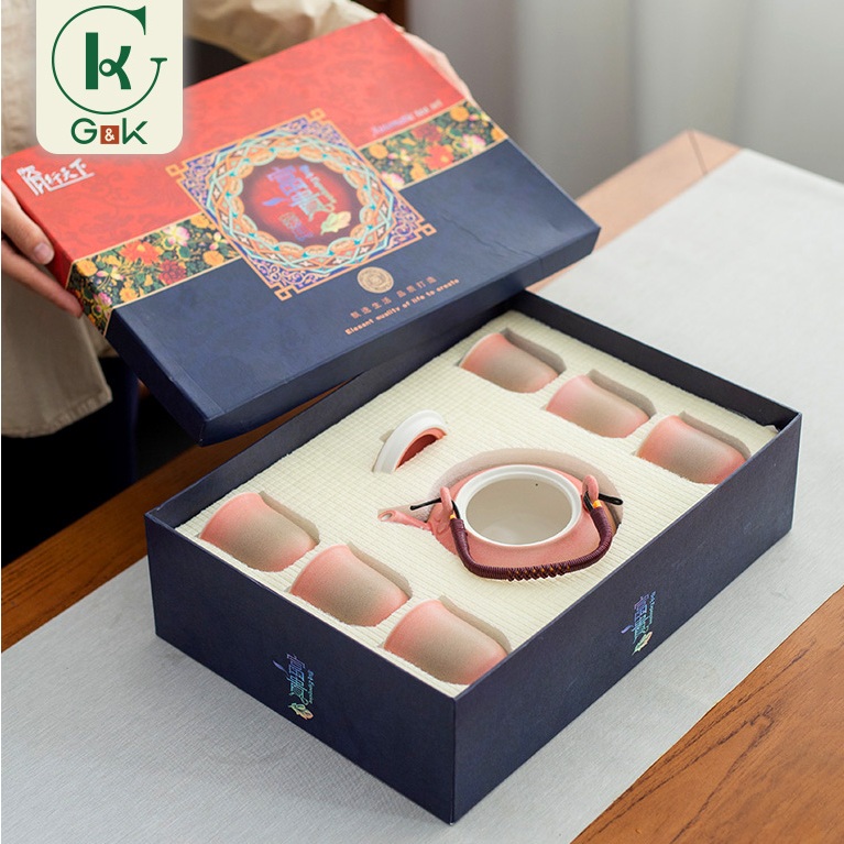 ชุดชาเซรามิคสีชมพู 1 กระติก 6 แก้ว กล่องของขวัญหรู สำหรับบ้าน-ออฟฟิศ กาน้ำชาความจุใหญ่ - รูปที่ 7