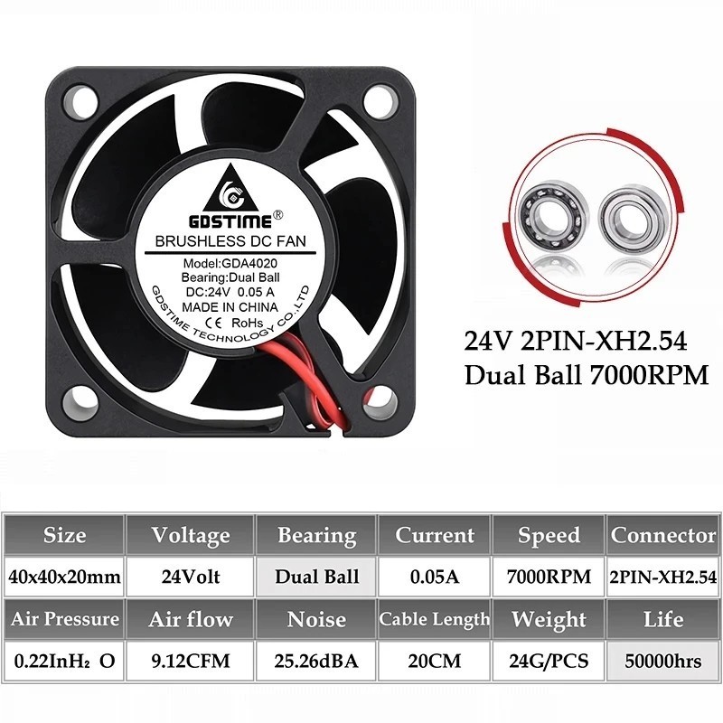 GDSTIME 24V 4020 Dual Ball Bearing 7000 RPM Axial Fan 3D Printer Cooling Fan 40x40x20mm