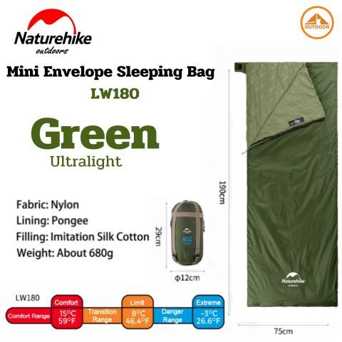 Naturehike Mini Envelope Sleeping Bag LW180 #Green ถุงนอนเดินป่าแคมป์ปิ้งคุณภาพดีกันหนาว 15 องศา
