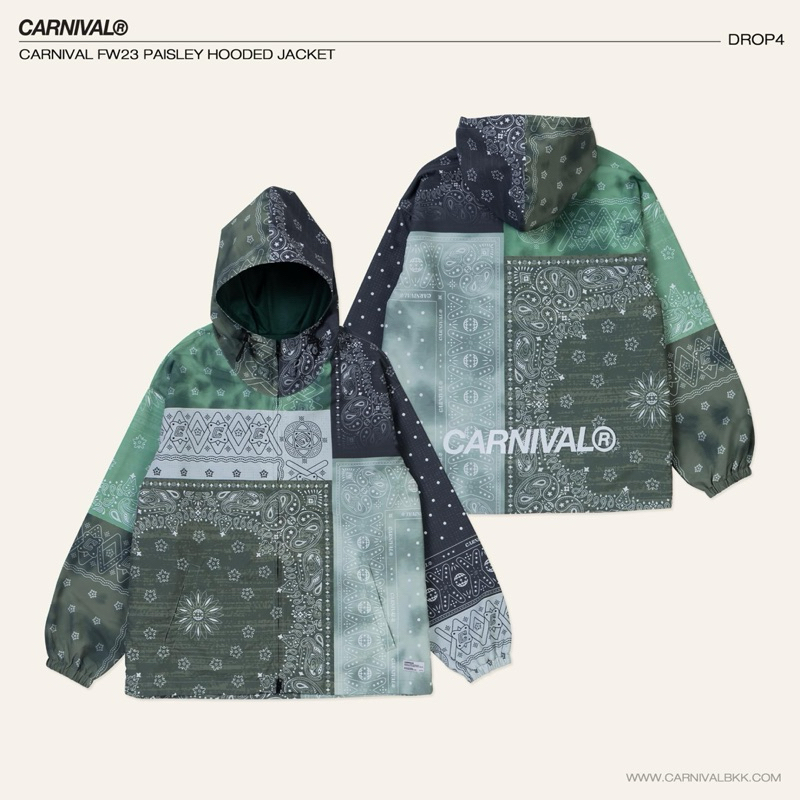 CARNIVAL FW23 PAISLEY HOODED JACKET OLIVE AND BLUE size L