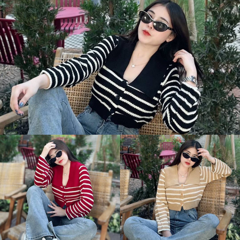 เสื้อครอปแขนยาว ทรงคอปก กระดุมใช้งานได้จริง 🍩 ผ้าทอลายสลับสี เนื้อผ้านุ่มไม่หนา ใส่ได้ทุกเทศกาล รุ่น เมืองเย็น