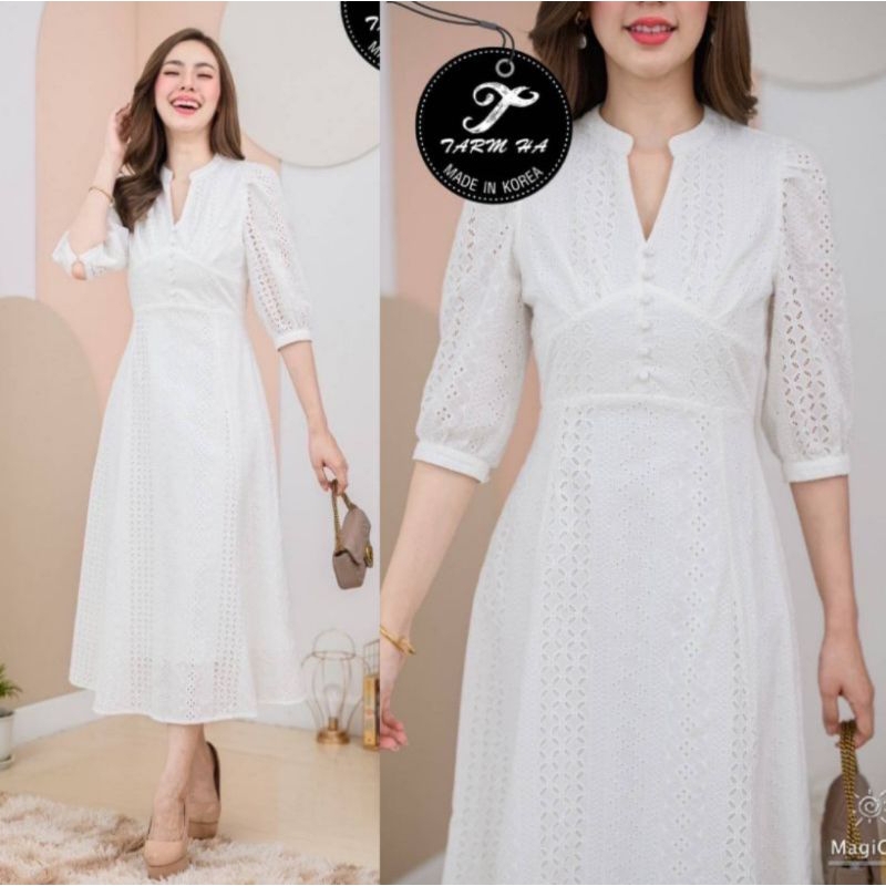 พร้อมส่งเดรสขาวงานบุญ!!! S-6XL Maxi Dress เดรสสีขาวแขนศอกผ้าคอตตอนฉลุลาย งานป้าย Tarm Ha
