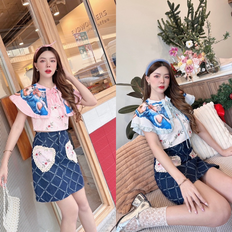 ชุดเซทเสื้อคอปก+กระโปรงยีนส์ BRT