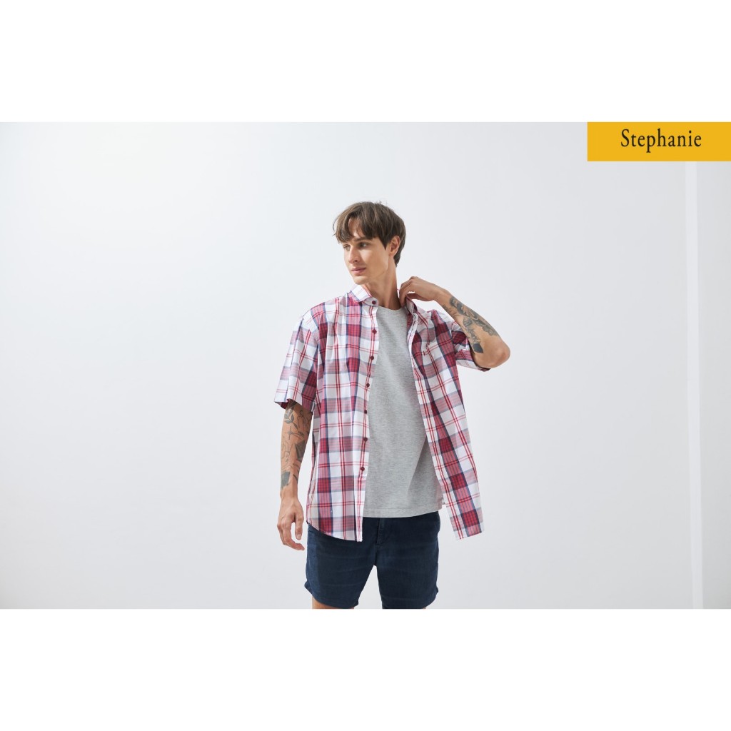 Stephanie เสื้อมีปก แขนสั้น เสื้อเชิ้ตสีแดงขาวลายสก็อต (ชาย) (OZ1ZDE) — صورة 2
