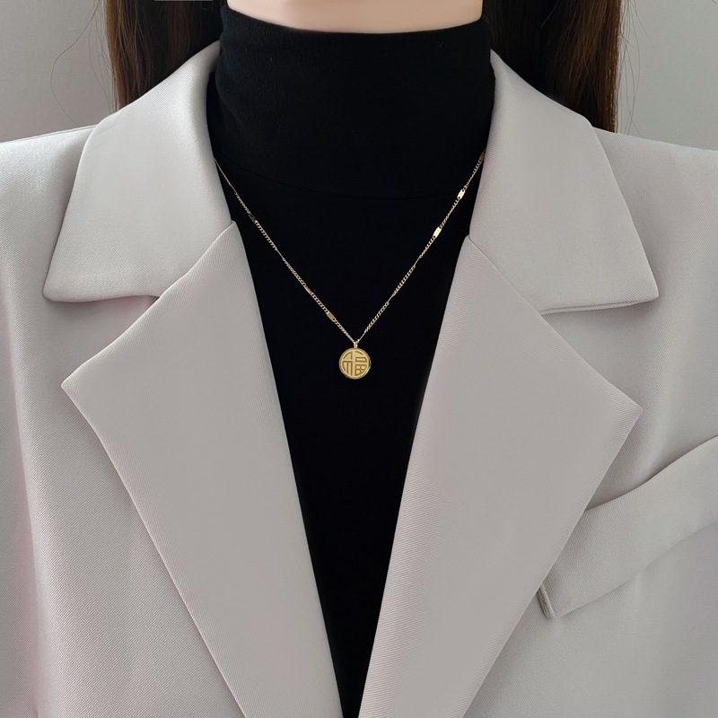 สร้อยคอโซ่ทอง จี้ตัวอักษรจีนฝู“FU” นำโชค สแตนเลส จี้ เครื่องประดับ หรูหรา ระดับไฮเอนด์ ไม่ลอก ไม่ดำ - รูปที่ 3