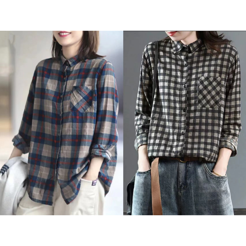 ►วินเทจผ้าฝ้ายผ้าลินินเสื้อลายสก๊อตกระเป๋าแพทช์แขนยาวปกปุ่มลำลองผ้าลินินคาร์ดิแกนผู้หญิงด้านบน