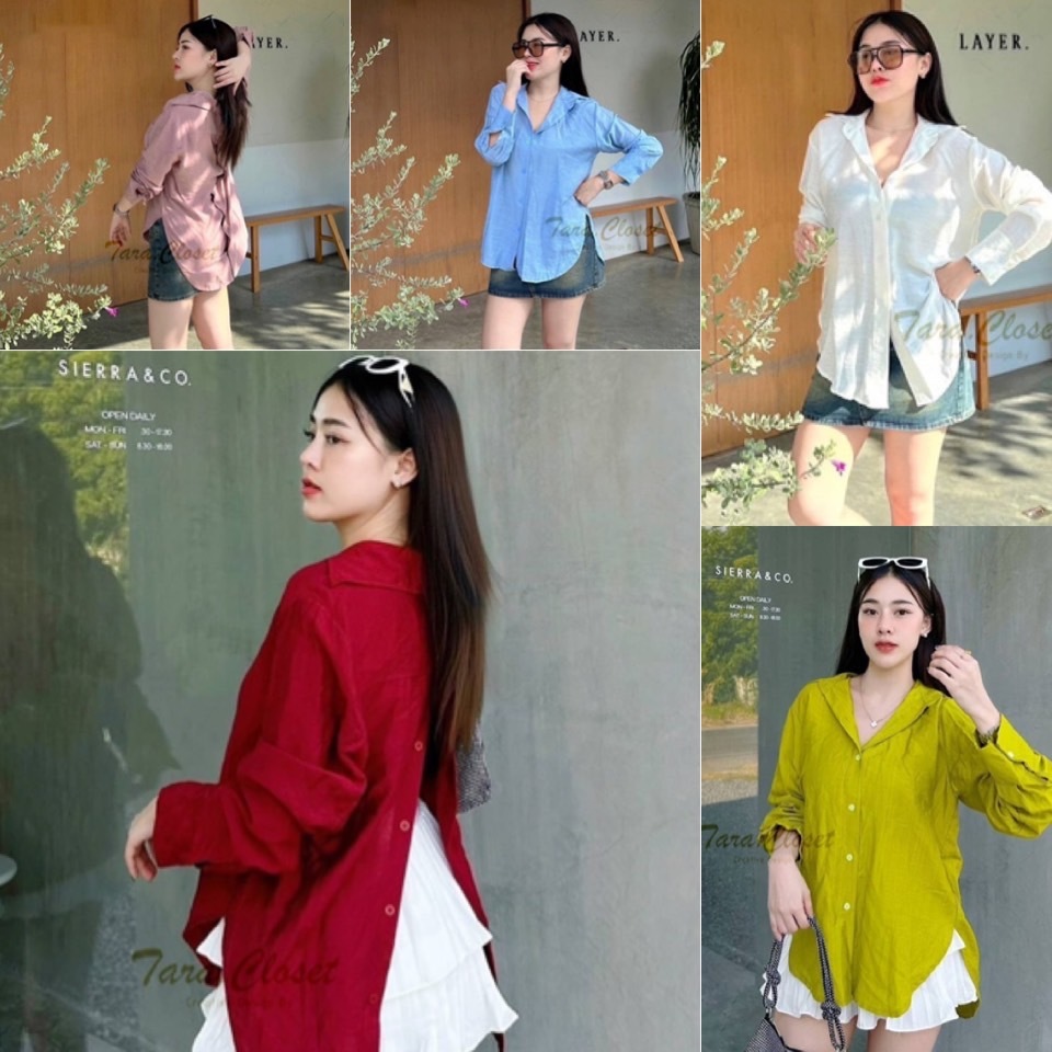 MR002 TARA Shirt เสื้อเชิ้ตกระดุมหน้า แขนยาว ทรงโอเวอร์ไซส์ ผูกหลัง ทรงหางปลา สไตล์เกาหลี เนื้อผ้าสลาฟ ใสสบาย ไม่ร้อน