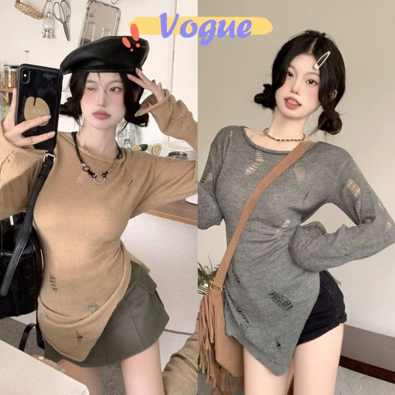 Vogue🌟พร้อมส่ง🌟 เสื้อถักไหมพรมแขนยาว ซีทรู เบาใส่สบาย (56145)