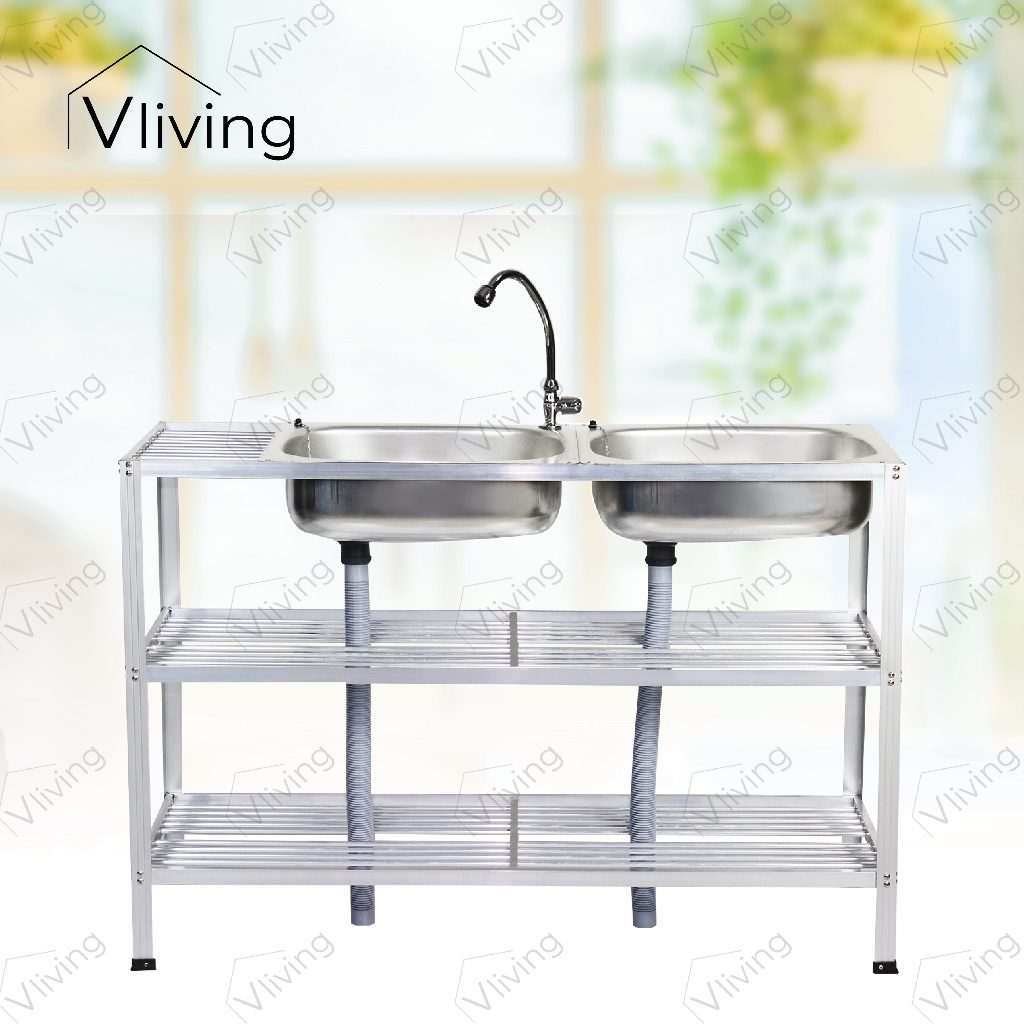 Vliving ซิ้งค์ล้างจาน อ่างล้างจานอลูมิเนียม 2หลุม3ชั้น มีข้าง เจาะรู มีก๊อก