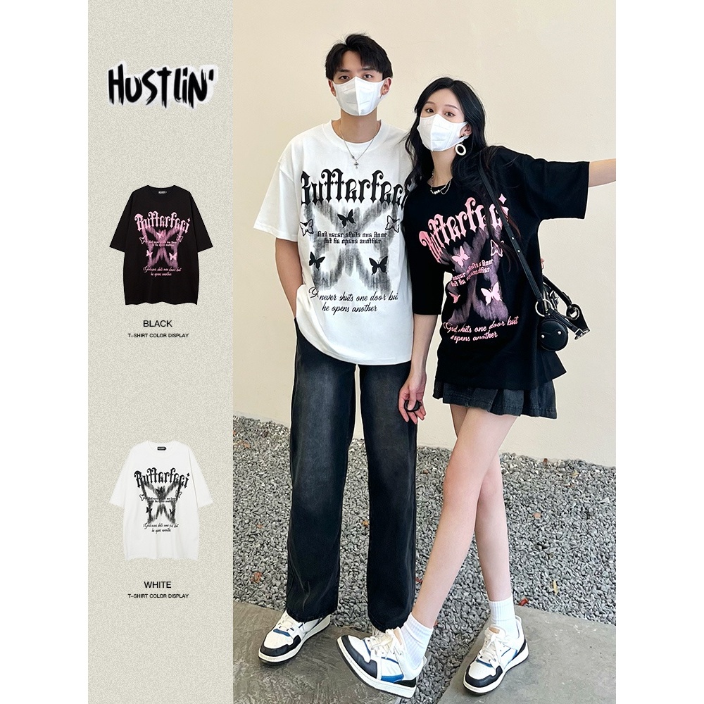 เสื้อ oversize แฟชั่นแบรนด์อินเทรนด์พิมพ์แขนไหล่อินเทรนด์คอกลมใหม่วัยรุ่นยอดนิยมผู้ชายหลวมห้าแขนเสื้อยืด Cotton 100%