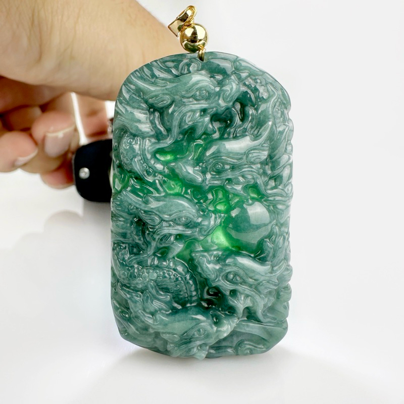 PDJA-9D-BL จี้หยกแกะลายมังกร จี้หยกมังกรเก้าตัว(9มังกร) หยกแท้ Jadeite A พร้อมเชือกร่มสำหรับร้อยขึ้นคอ