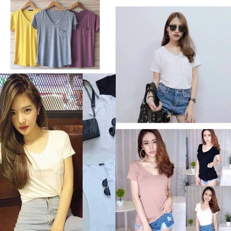 เสื้อคอวีมีกระเป๋าหน้าแขนสั้น เต็มตัว (ผ้าเรยอน) เสื้อยืดคอวี ผ้าเรย่อน เสื้อยืดคอวีกระเป๋าหน้า ผ้าเรย่อนเนื้อดี ใส่สวย
