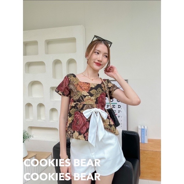 พร้อมส่ง🔥 🧺เสื้อคอเหลี่ยม ผ้าทวิตกระสอบ งานป้ายคุกกี้แบร์ cookies bear🧸🍪🍭