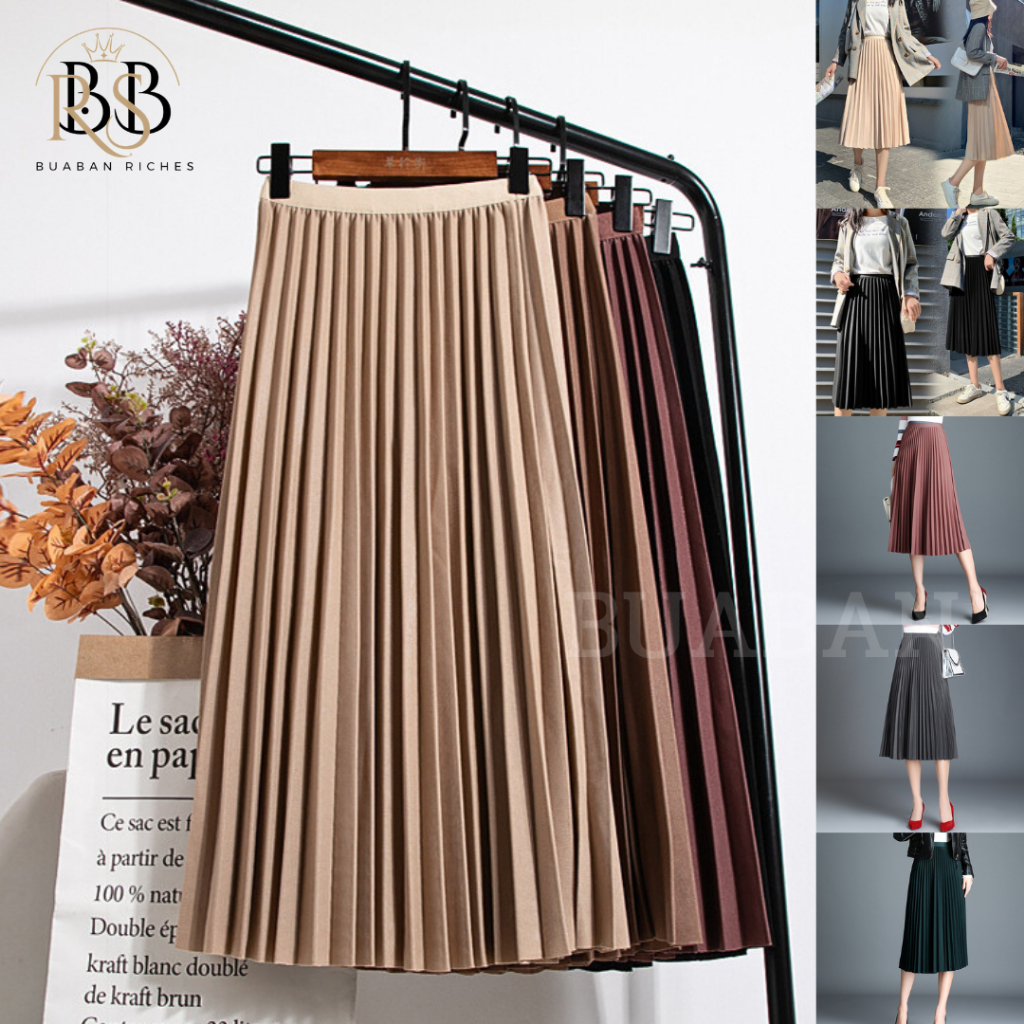 🌸526🌸กระโปรงพลีท เอวสูง จีบแน่น จีบสวย กระโปรงเอวยืดขอบเรียบ ผ้าโปโลมันเงา(ผ้ามันเงาไม่มากสวย) งานเร