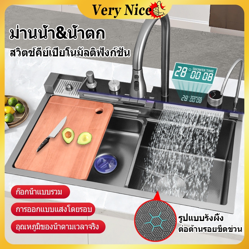 อ่างล้างจานครัว อ่างล้างจานน้ำตกคู่มัลติฟังก์ชั่น All-in-one พร้อมกับก๊อกน้ำที่สามารถดึงออก