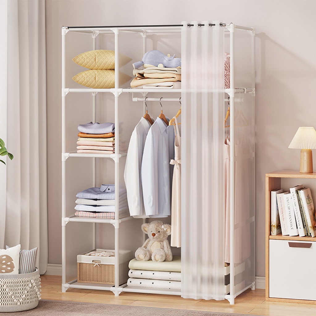 ราวแขวนเสื้อผ้าพร้อมผ้าม่าน ตู้เสื้อผ้าพร้อมชั้นวาง coat rack จัดเก็บของเป็นสัดส่วน สำหรับเก็บเสื้อผ้า ผ้านวม warmhouses