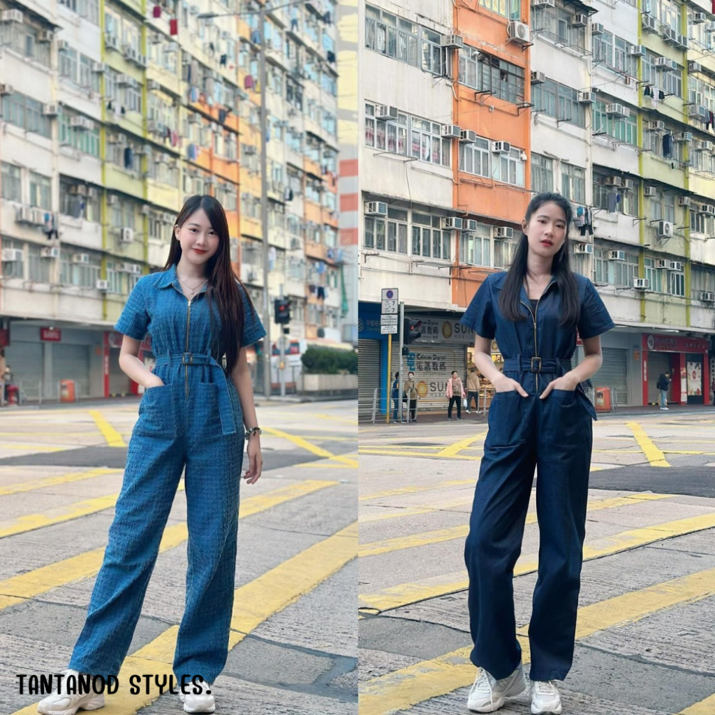 TANTANOD - ชุดจั๊มยีนส์ ขายาว มีเข็มขัด ผ้ายีนส์