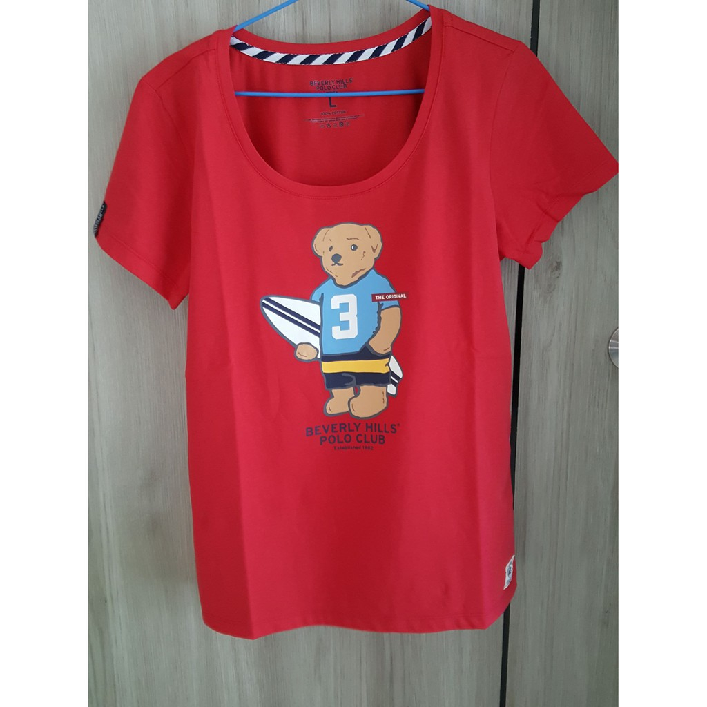 เสื้อยืดคอกลม ผู้หญิง ยี่ห้อ Bevery Hills Polo Club BHPC แขนสั้น สีแดง ของแท้ 100% ผ้าคอตตอน ลายหมีเ