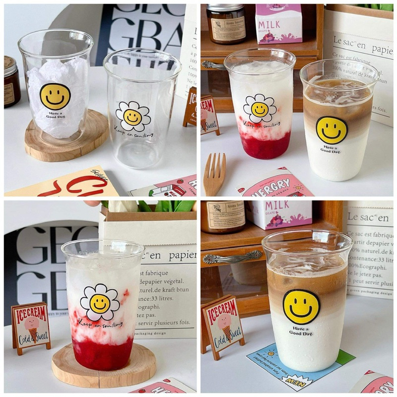 แก้วน้ำ แก้วใสทรงสูง Daisy และ Smile ลายคิ้วท์ๆ แบบน่ารักๆ