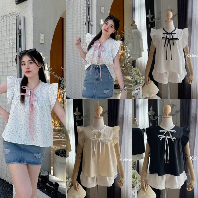 เสื้อคอกลมทรงน่ารัก แต่งโบว์ด้านหน้า