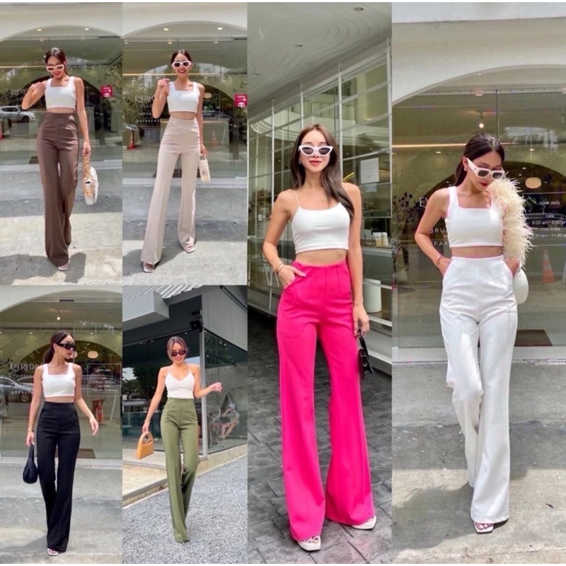 Nanda korean high-waist pantsขาม้าซิบข้างป้ายพรมทอง