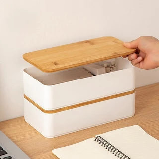 กล่องเก็บสายไฟฝาไม้ กล่องเก็บปลั๊กไฟ กล่องจัดระเบียบสายไฟ สาย usb กันฝุ่น ที่เก็บสายไฟ ที่เก็บปลั๊กไฟ
