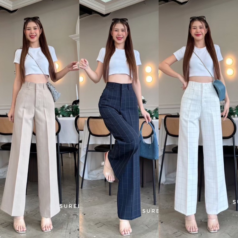 มี4 สี Best pants กางเกงขากระบอกเอวสูง ผ้าไอด้าลายตาราง ผ้าดีใส่สบาย