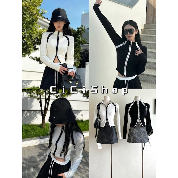 Cicishop(J927)เสื้อครอปแขนยาวคอปีน ดีเทลซิปรูดด้านหน้า ใส่แล้วเข้ารูป อเมริกันสไตล์