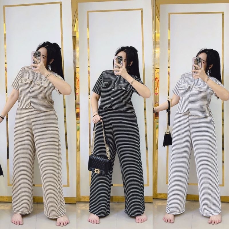 เซ็ทริ้วกระดุมขายาว #สาวอวบ