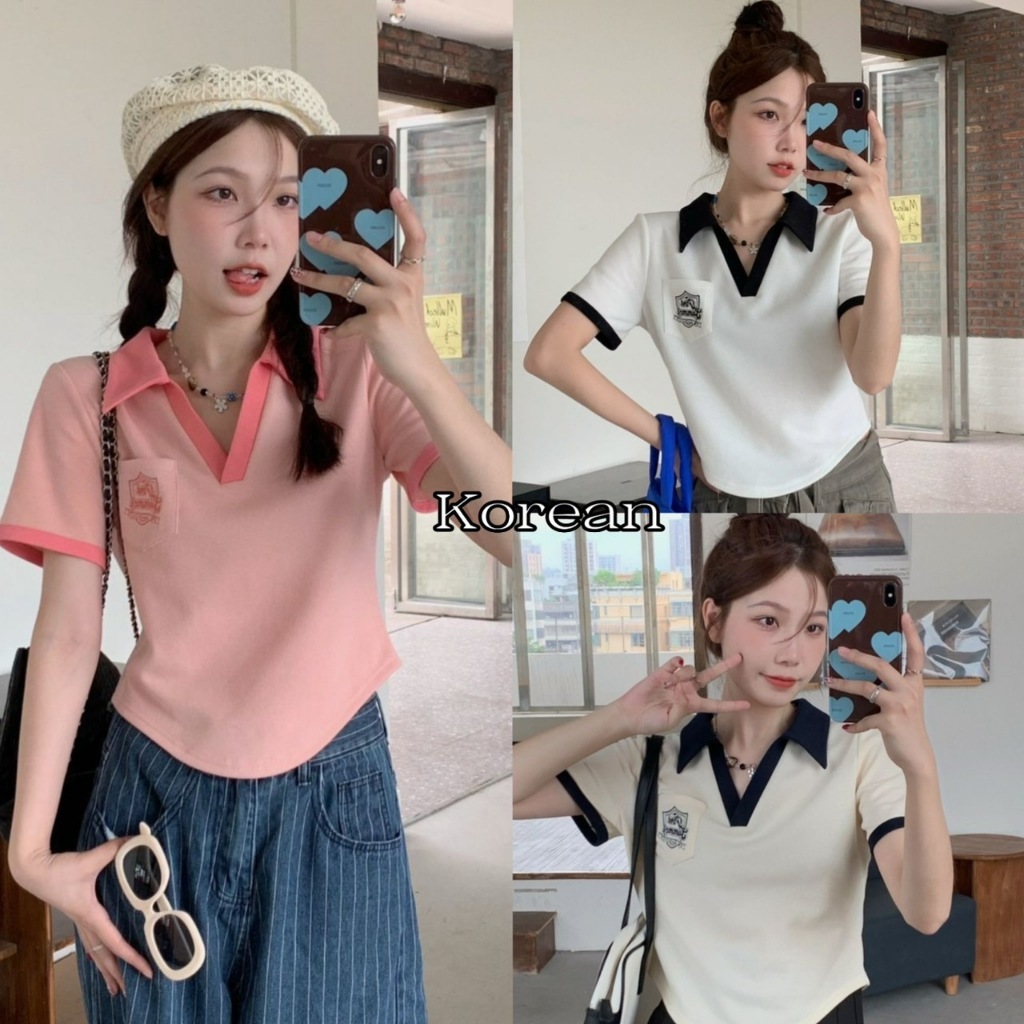 Korean เสื้อครอป คอปกสไตล์นักเรียนเกาหลี มีไซส์  เนื้อผ้านิ่ม ใส่สบาย TP2