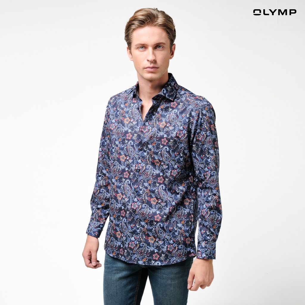 OLYMP  LUXOR Shirt เสื้อเชิ้ตชาย สีน้ำเงิน ลายพิมพ์ เพสลีย์ ทรงหลวม ใส่สบาย รีดง่าย (SPRING24) SPRI24