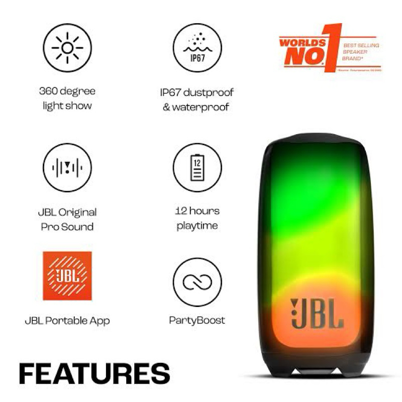 ลำโพงบลูทูธ JBL Pulse 5 สีดำ พกพาสะดวก ไฟ LED 360 องศา