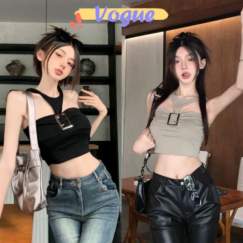 Vogue พร้อมส่ง เสื้อกล้ามไหมพรมครอปสั้น ดีเทลแต่งเข็มขัด (56147)
