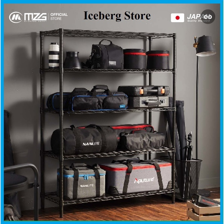 ชั้นวางของ ปรับระดับได้ 5 ชั้นมีล้อ MZG สีดำHammer Tone, Heavy Duty Grade, wire shelf 5 Tiers #ชั้นวางของ W014-015