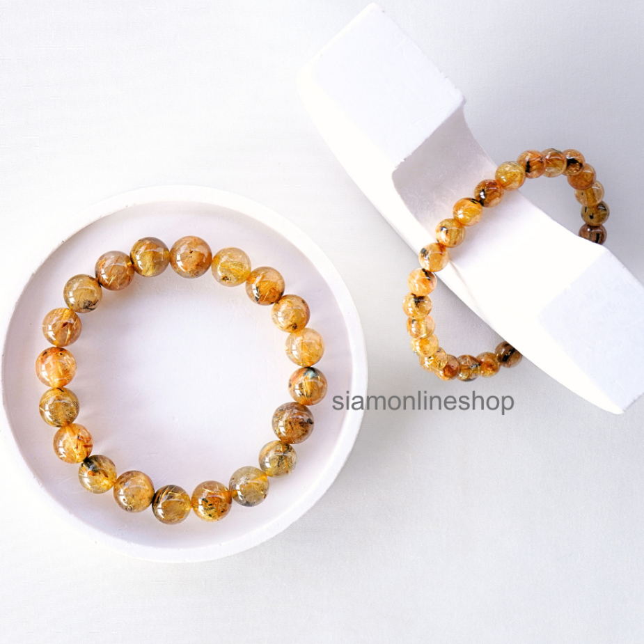 Golden Rutilated Quartz ไหมทอง เลือกขนาดเม็ดหินได้ (8, 10 มม.) สร้อยข้อมือ หินแท้ by siamonlineshop