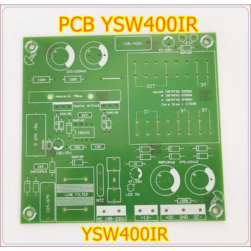 PCB สวิชชิ่งแอมป์จิ๋ว YSW400_IR2153 อะไหล่น้อย สร้างง่าย สวยงาม สำหรับเครื่องขยายเสี