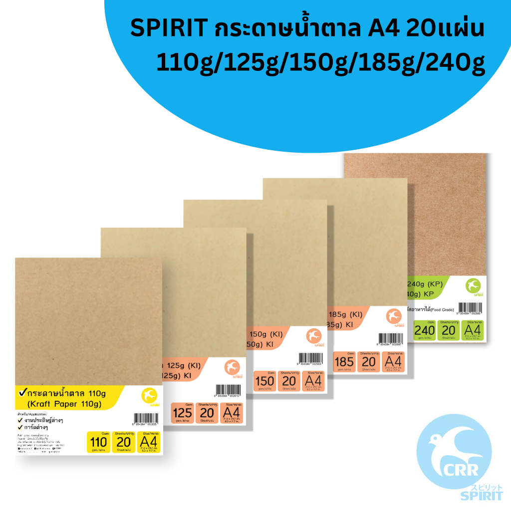 SPIRIT กระดาษน้ำตาล กระดาษคราฟท์ kraft paper A4 110g 125g 150g 185g 225g 260g 385g 20แผ่น 10แผ่น